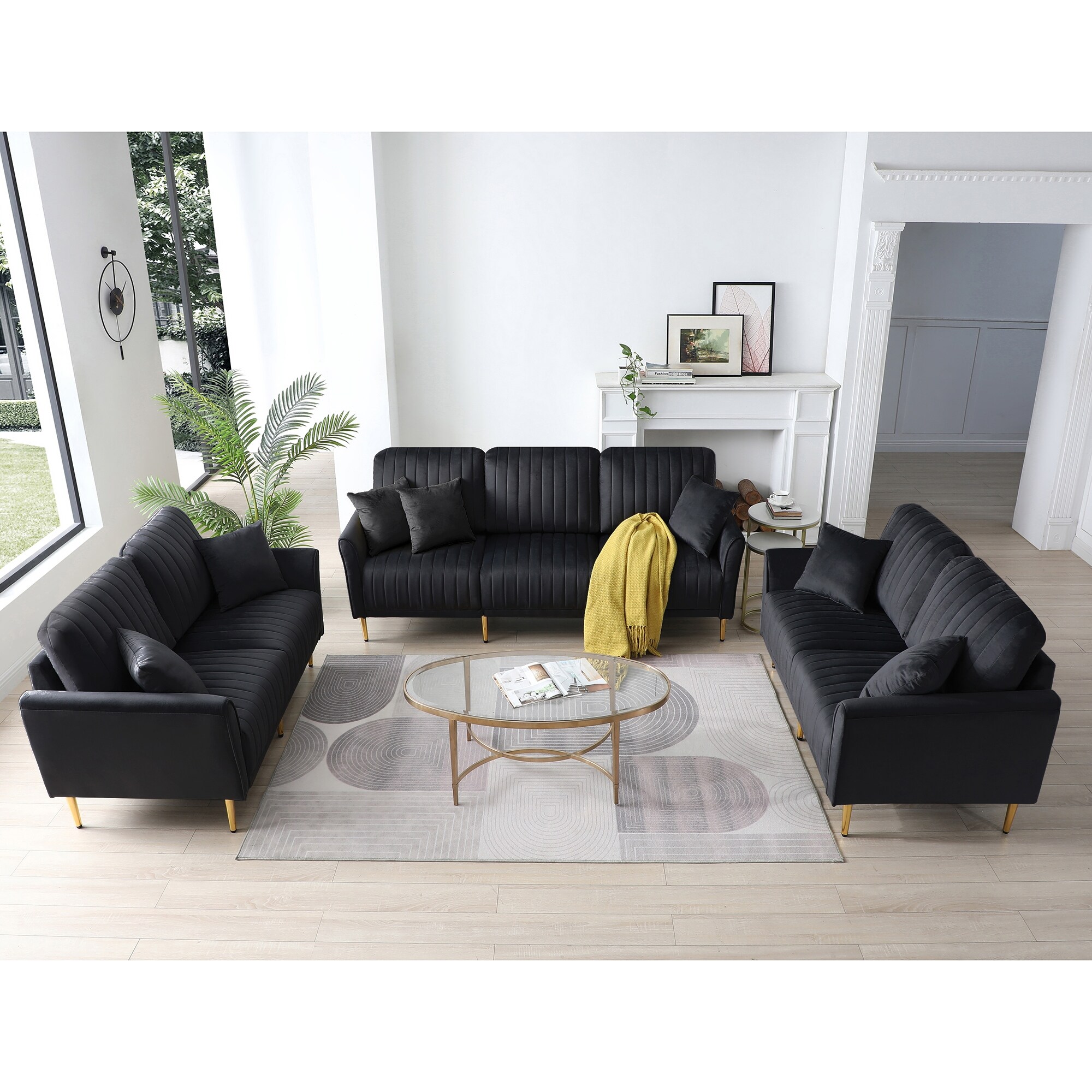 Leather sofa store with velvet cushions